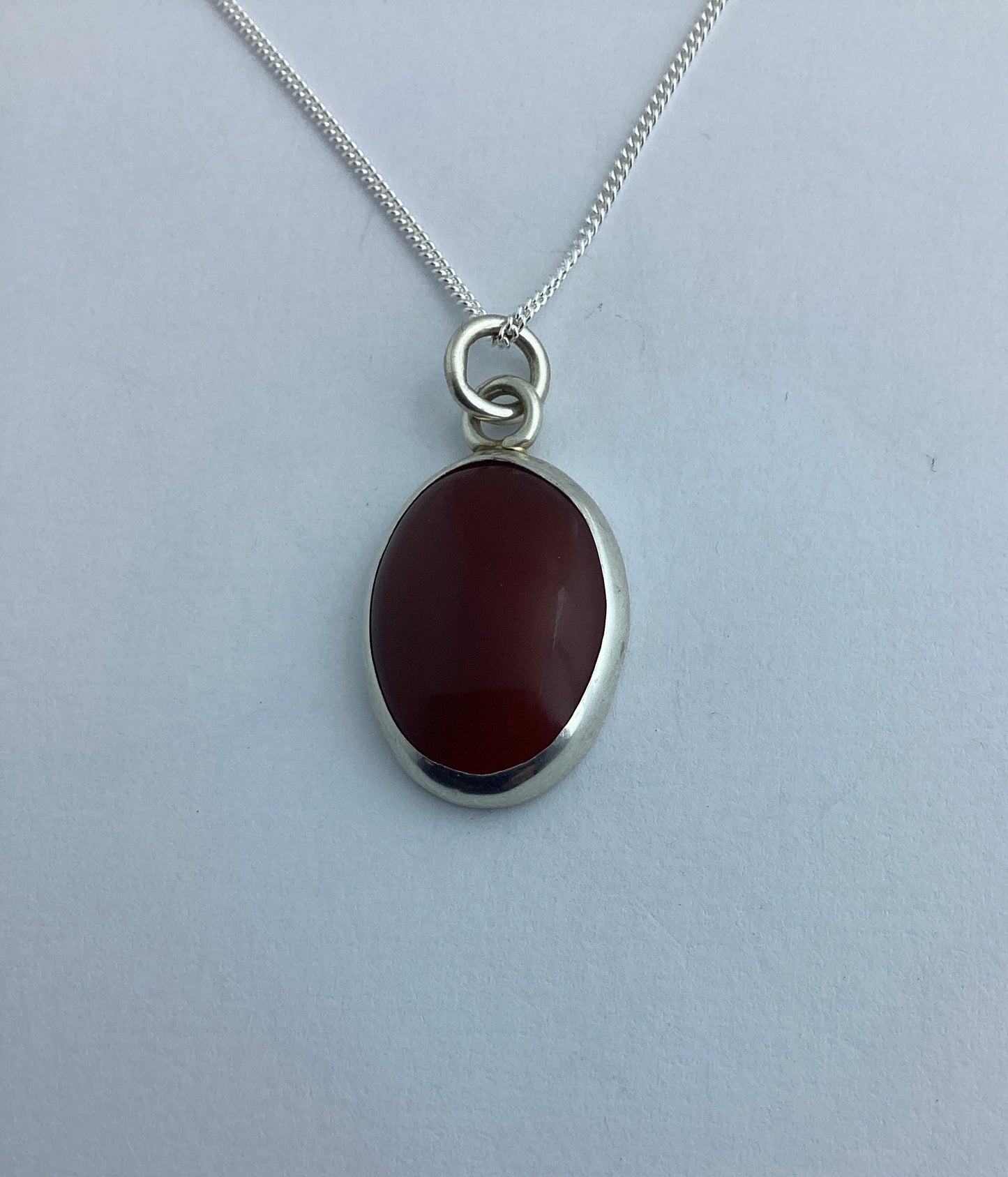 red agate pendant, solid sterling silver necklace, oval natural red gemstone, 18” chain