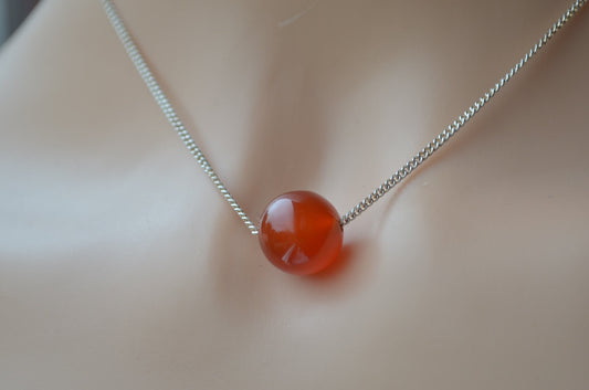 sterling silver carnelian necklace, natural round red gemstone, 18” chain