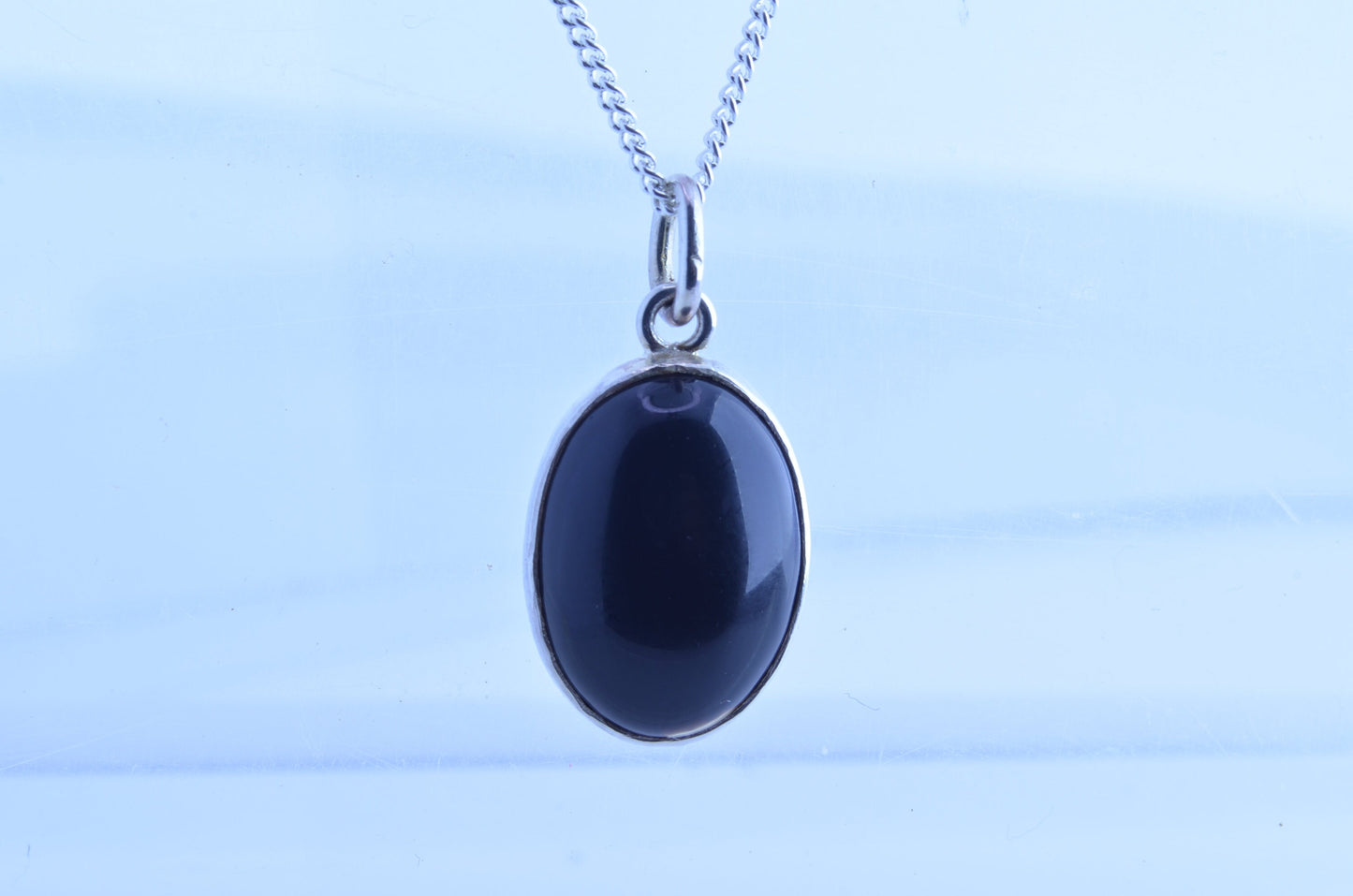 Silver black onyx necklace, oval shape natural gemstone pendant, 18” chain