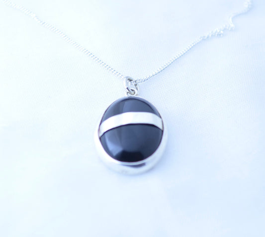 black onyx pendant, silver necklace, oval shape natural gemstone, 18” chain