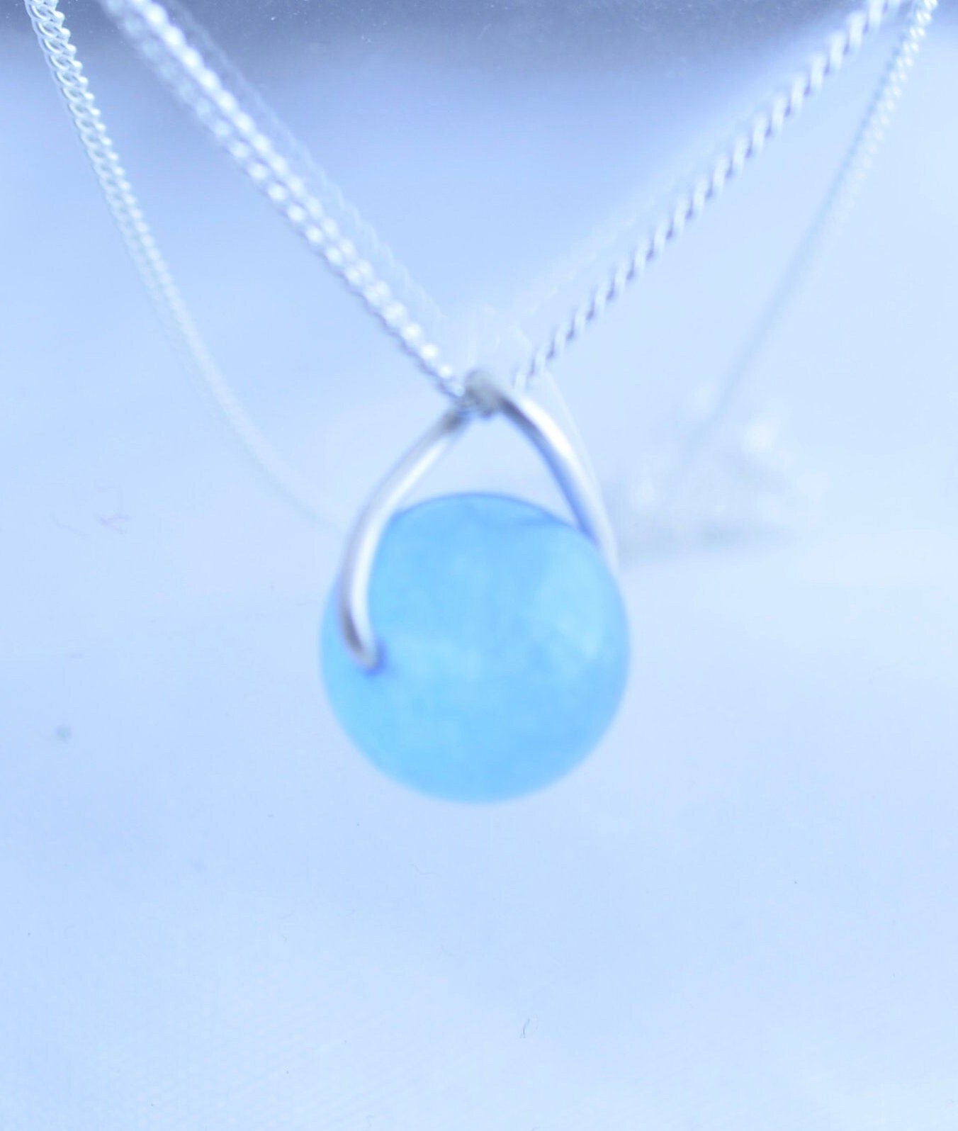 Silver blue jade necklace, round stone pendant, natural materials, 18” chain