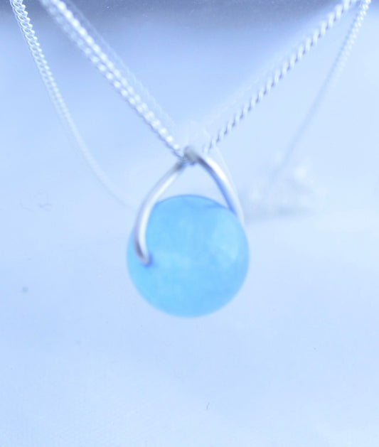 Silver blue jade necklace, round stone pendant, natural materials, 18” chain