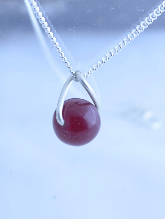 silver red ruby jade necklace, round shape pendant, 18” chain