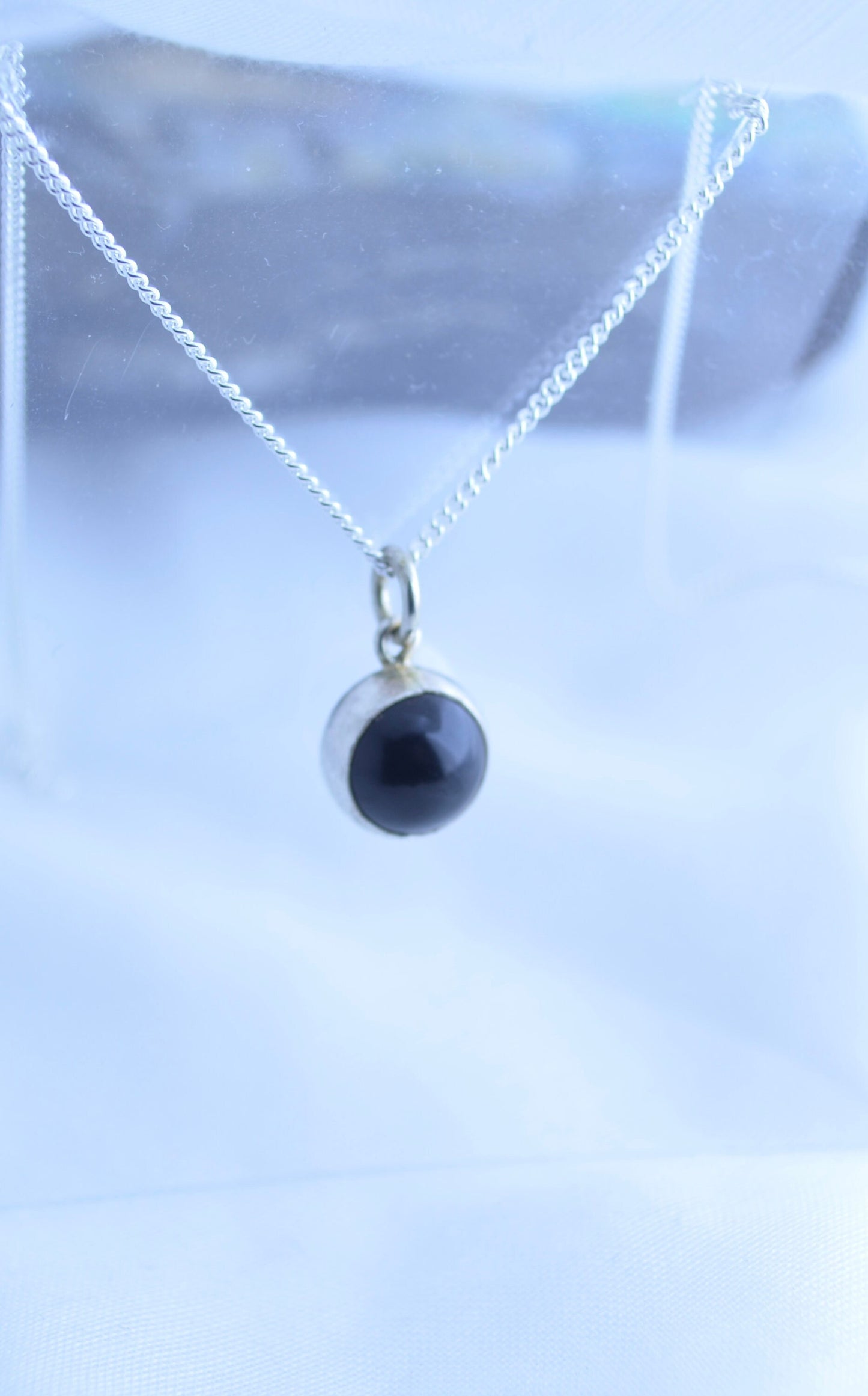 silver necklace, black onyx pendant round shape natural gemstone, 18” chain