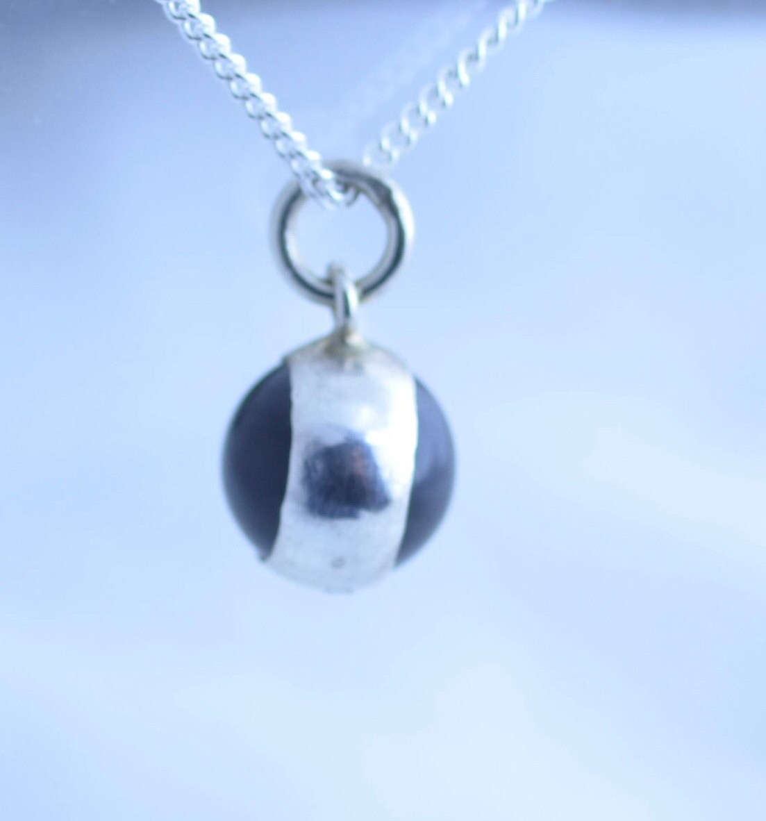 silver necklace, black onyx pendant round shape natural gemstone, 18” chain