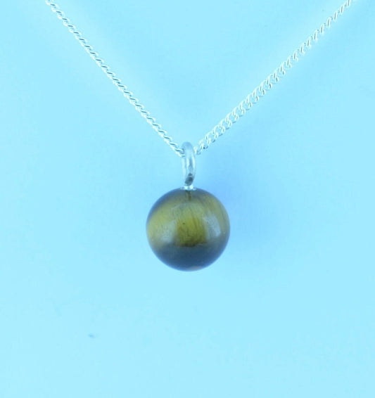 silver tiger’s eye necklace, round natural brown gemstone pendant, 18” chain