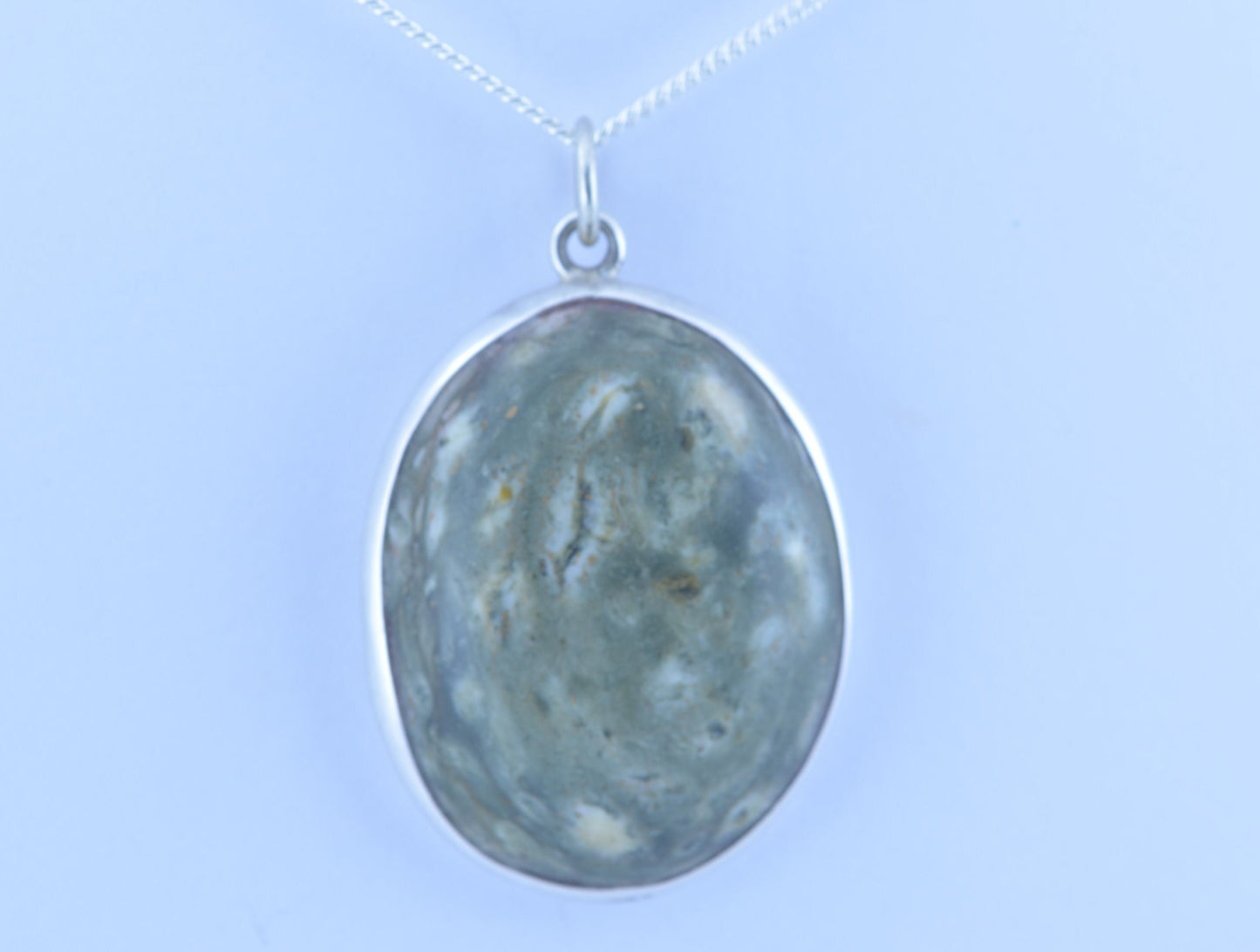 Preseli bluestone silver necklace, natural stone from Wales, oval shape pendant, 18” chain