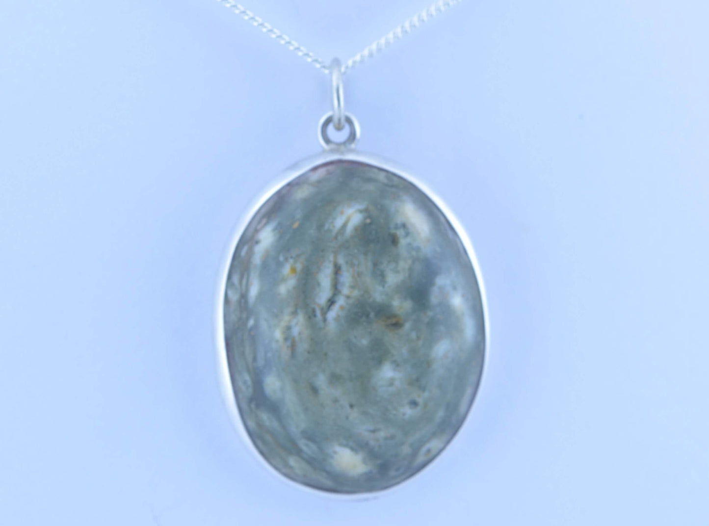 Preseli bluestone silver necklace, natural stone from Wales, oval shape pendant, 18” chain