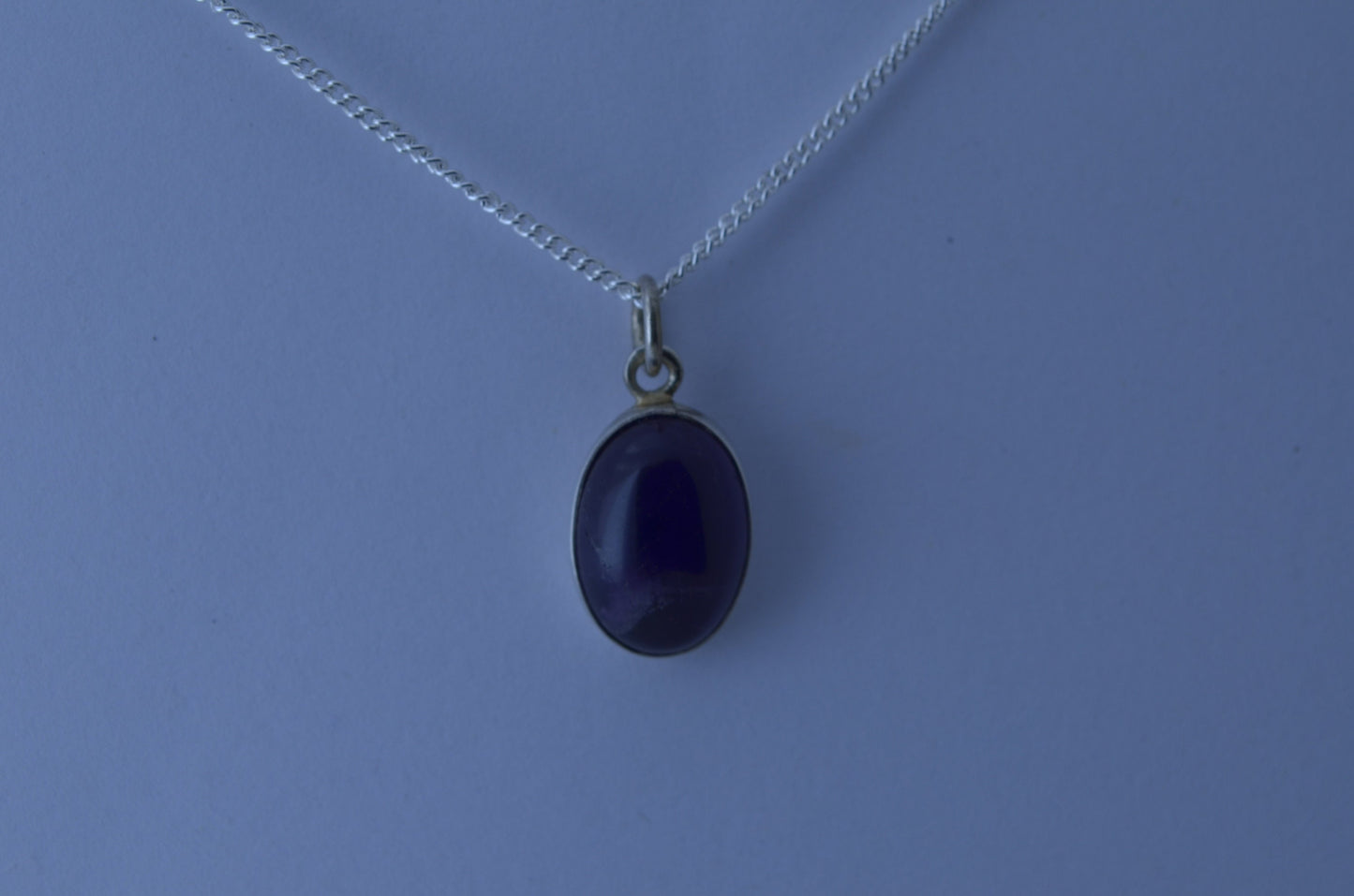 amethyst silver necklace, oval purple natural gemstone pendant, 18” chain