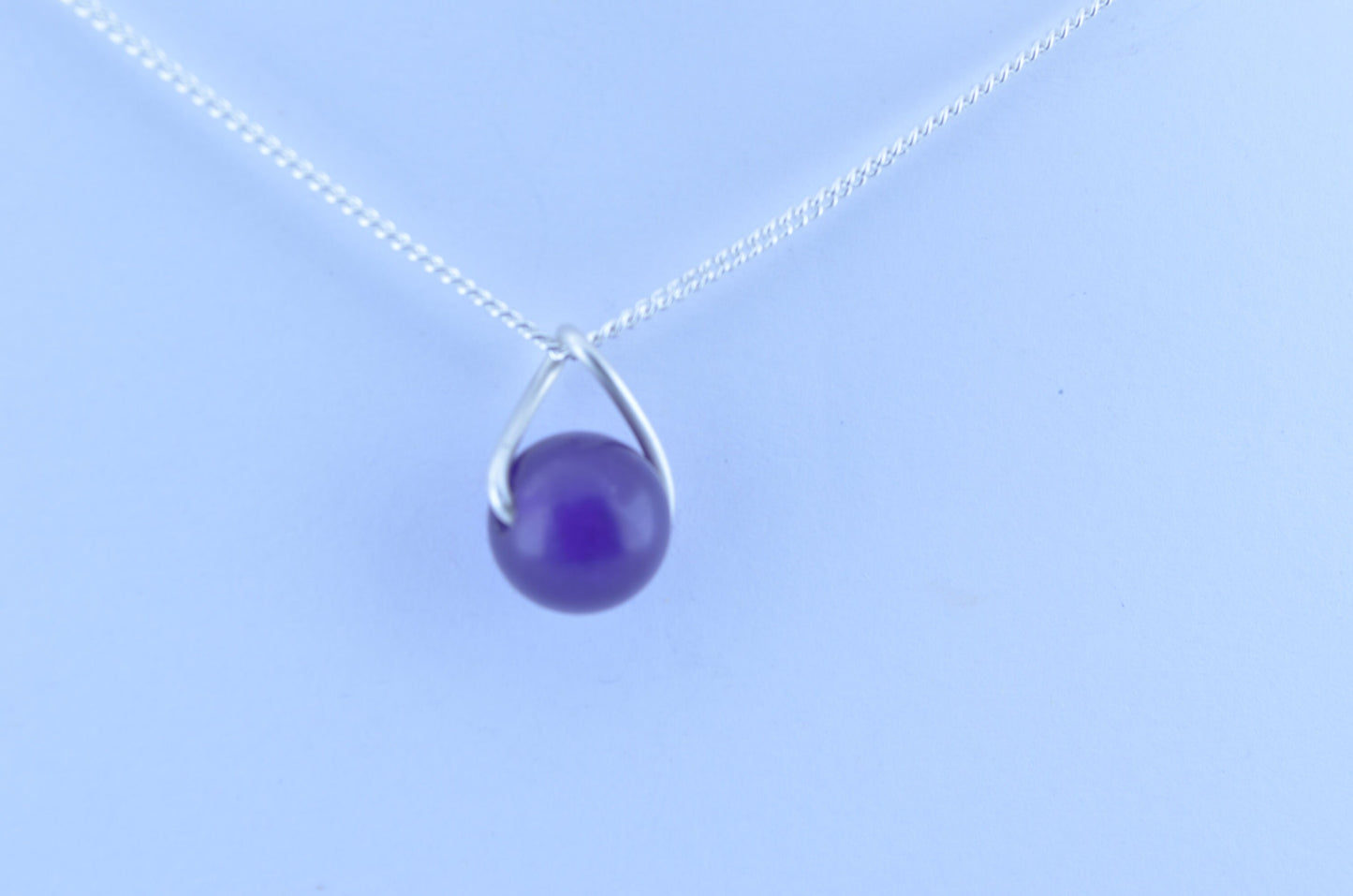 silver necklace, round purple natural gemstone pendant, 18” chain