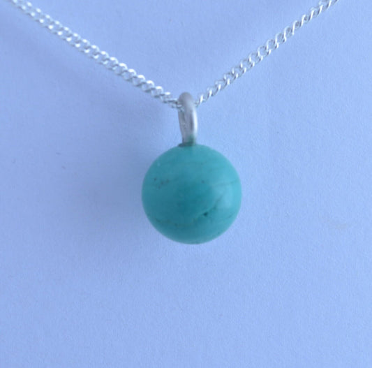 Silver turquoise charm necklace, round blue pendant, 18” chain