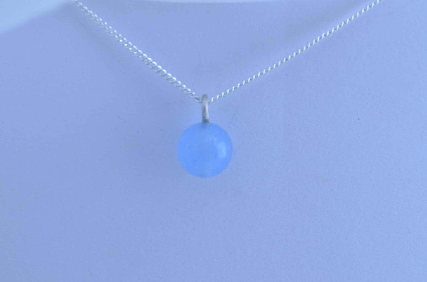 Silver blue jade charm necklace, round stone pendant, natural materials, 18” chain