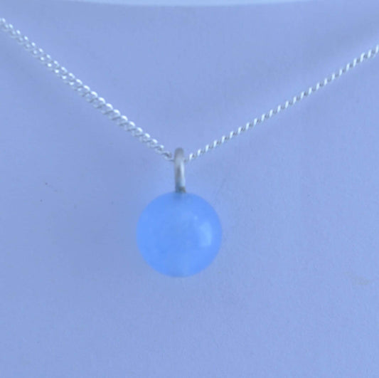 Silver blue jade charm necklace, round stone pendant, natural materials, 18” chain
