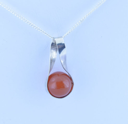 carnelian silver necklace, round natural red gemstone pendant, 18” chain