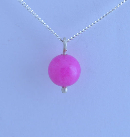 Silver pink jade charm necklace, round stone pendant, 18” chain