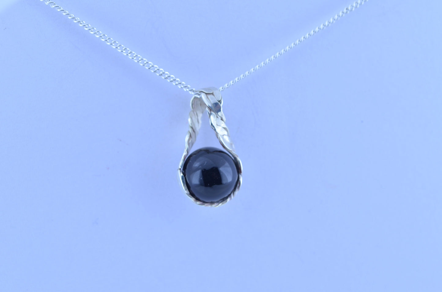 silver black onyx pendant bell shape natural gemstone, solid sterling silver chain necklace