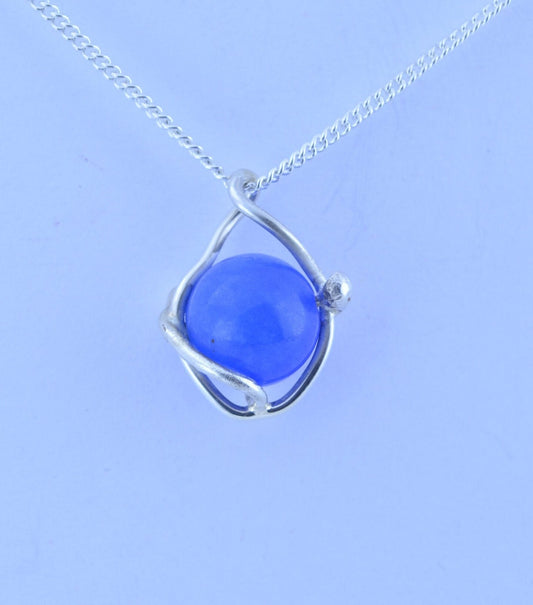 blue agate pendant and solid sterling silver chain necklace, bell shape natural gemstone