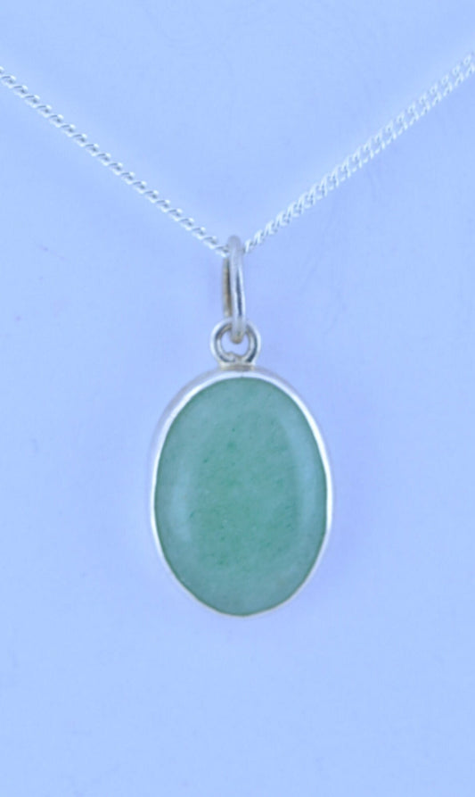 green aventurine pendant and solid sterling silver necklace, natural oval shape gemstone, 18” chain