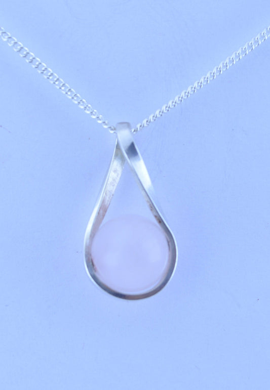 silver rose quartz necklace, round pink pendant, natural material, 18” chain