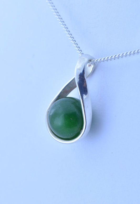 silver jade pendant and solid sterling silver chain necklace, bell shape green natural gemstone