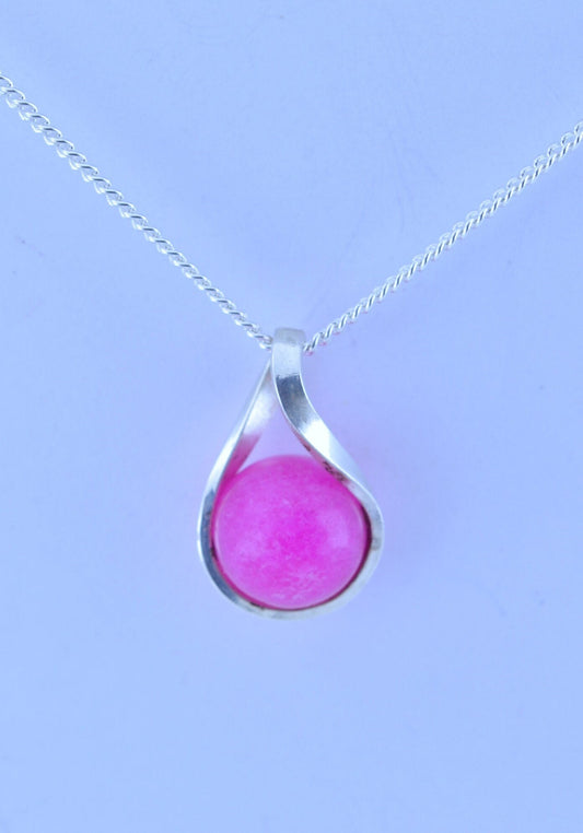 Silver pink jade necklace, twisted round stone pendant, 18” chain