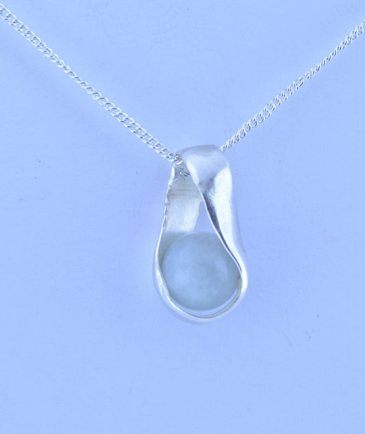 aquamarine silver necklace, round stone pendant, natural bell shape gemstone, 18” chain