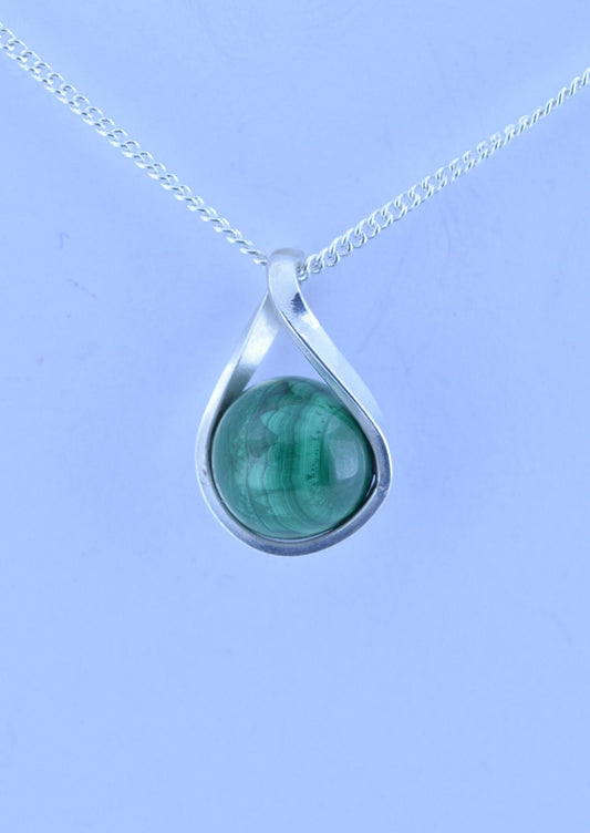 silver malachite pendant and solid sterling silver chain necklace, bell shape green natural gemstone