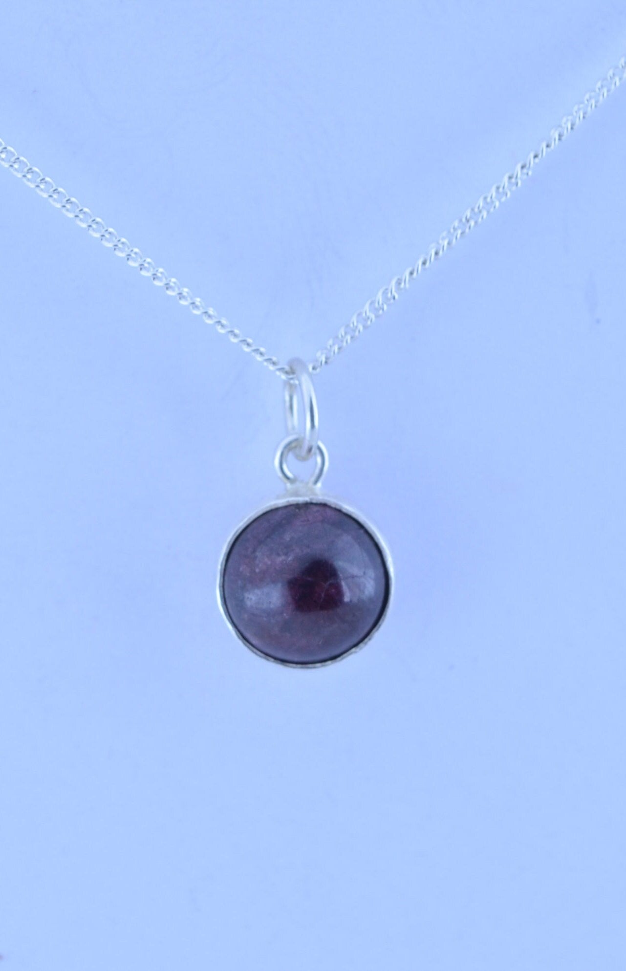 garnet necklace, bell shape silver pendant, 18” chain, red natural gemstone