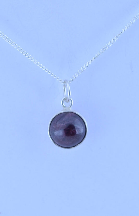 garnet necklace, bell shape silver pendant, 18” chain, red natural gemstone