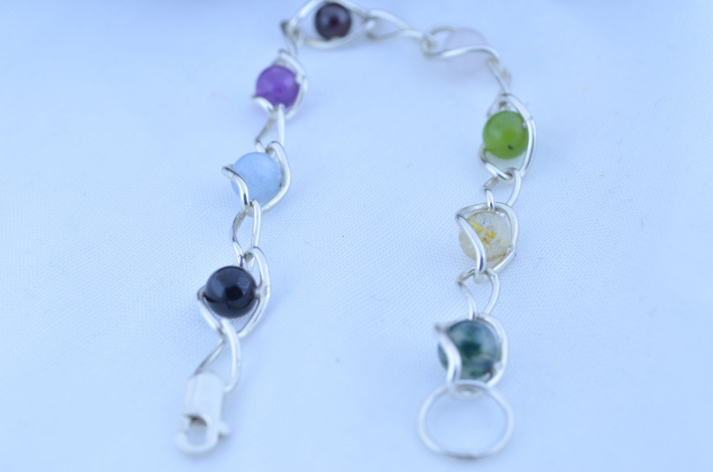 silver bracelet and natural gemstone, aquamarine, amethyst, black onyx, citrine, garnet, jade, moss agate, rose quartz