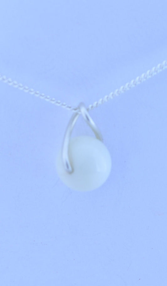 white moonstone silver necklace, round shape natural stone pendant, 18” chain