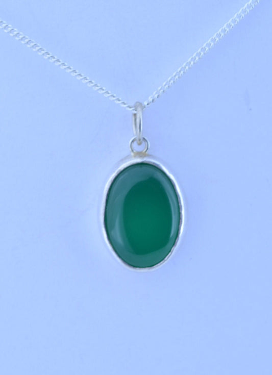 green onyx pendant, silver necklace, oval shape natural gemstone, 18” chain