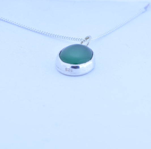 green onyx pendant, silver necklace, oval shape natural gemstone, 18” chain