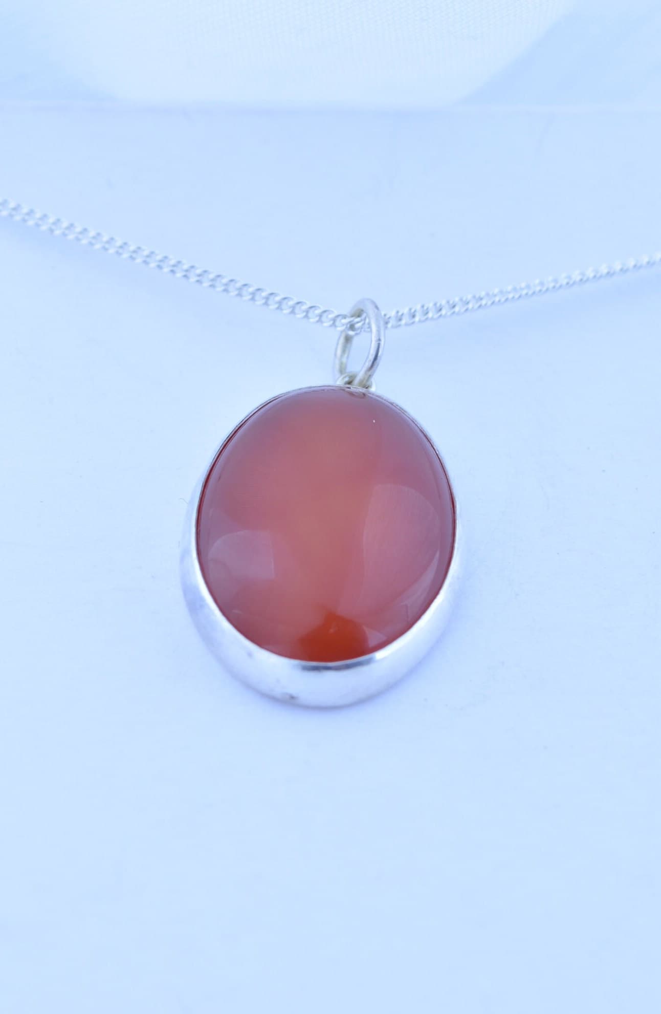 silver carnelian necklace, oval natural red gemstone pendant, 18” chain