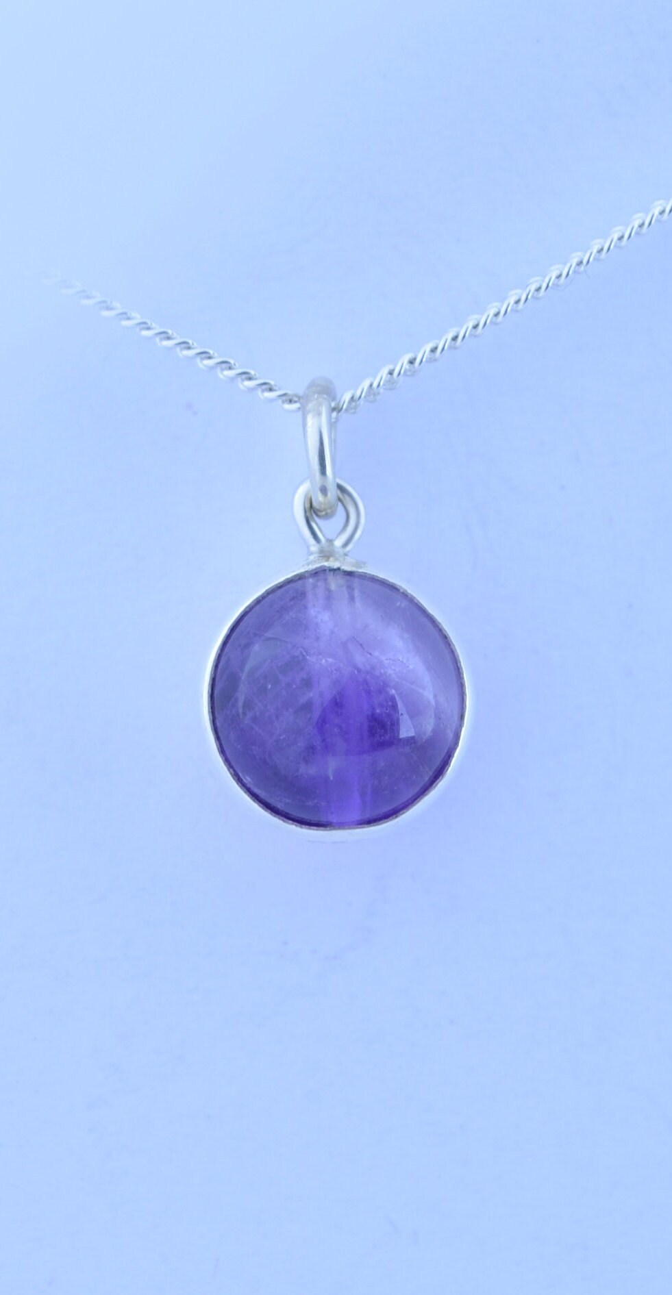 silver amethyst necklace, round purple natural gemstone pendant, 18” chain