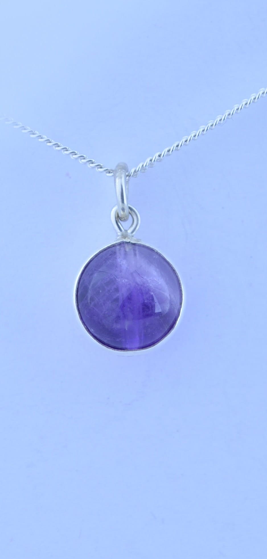 silver amethyst necklace, round purple natural gemstone pendant, 18” chain