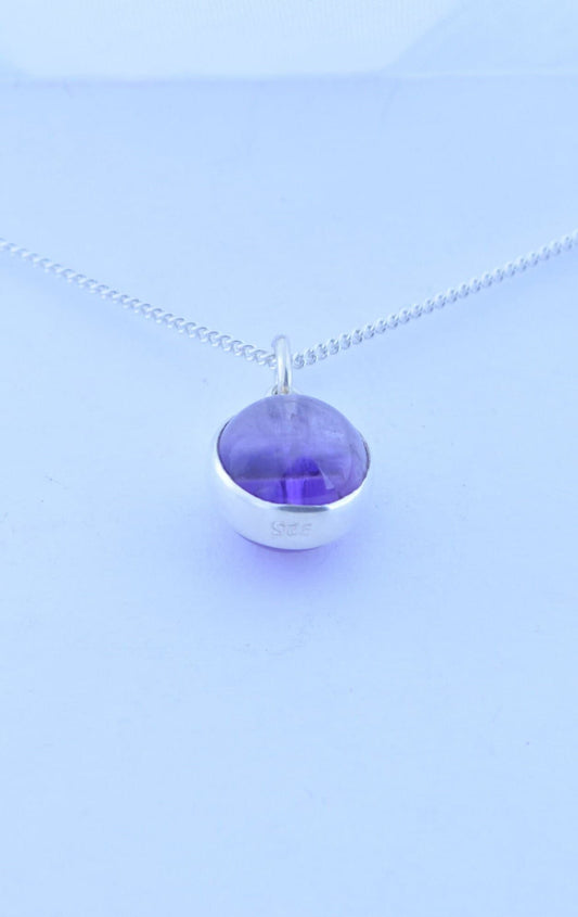 silver amethyst necklace, round purple natural gemstone pendant, 18” chain