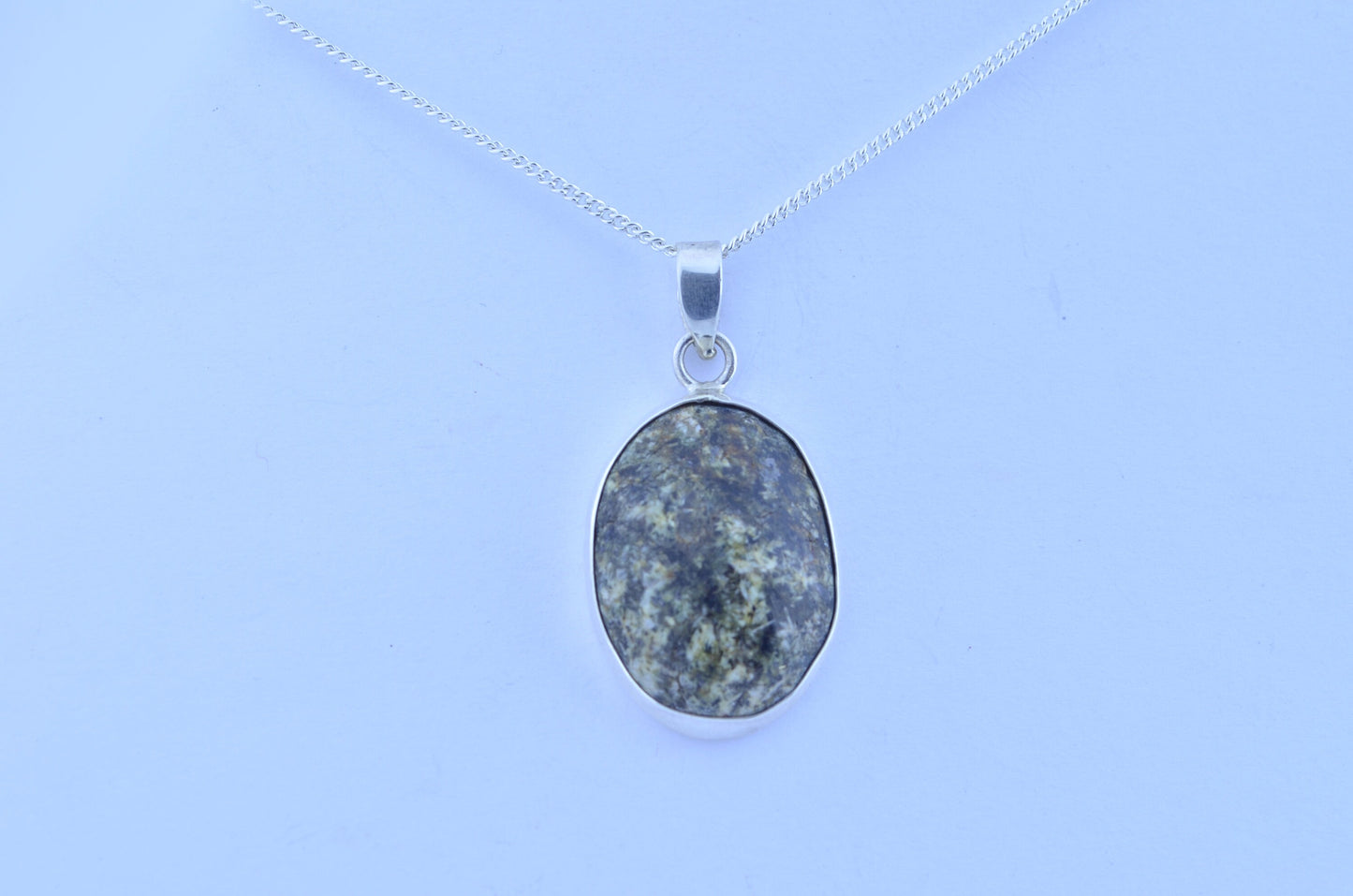 Preseli bluestone necklace , natural stone from Wales, oval shape pendant, 18” chain