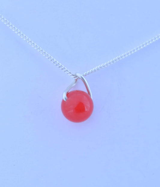 silver red jade necklace, round shape pendant, 18” chain