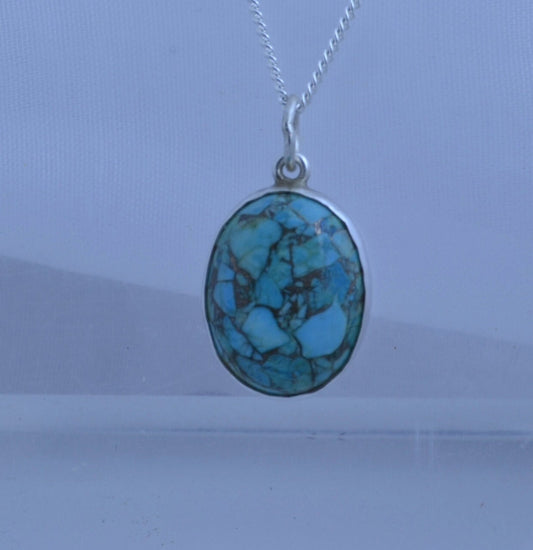turquoise silver necklace, oval blue pendant, 18” chain