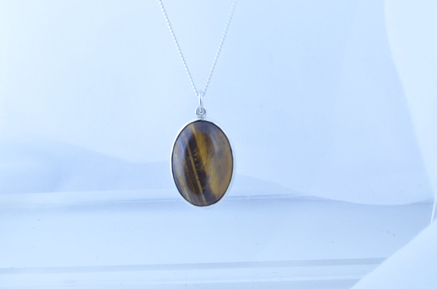 silver tiger’s eye necklace, oval natural brown gemstone pendant, 18” chain