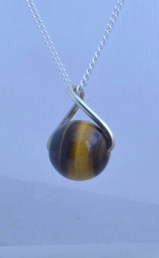silver necklace, round natural brown tiger’s eye gemstone pendant, 18”  solid sterling silver chain