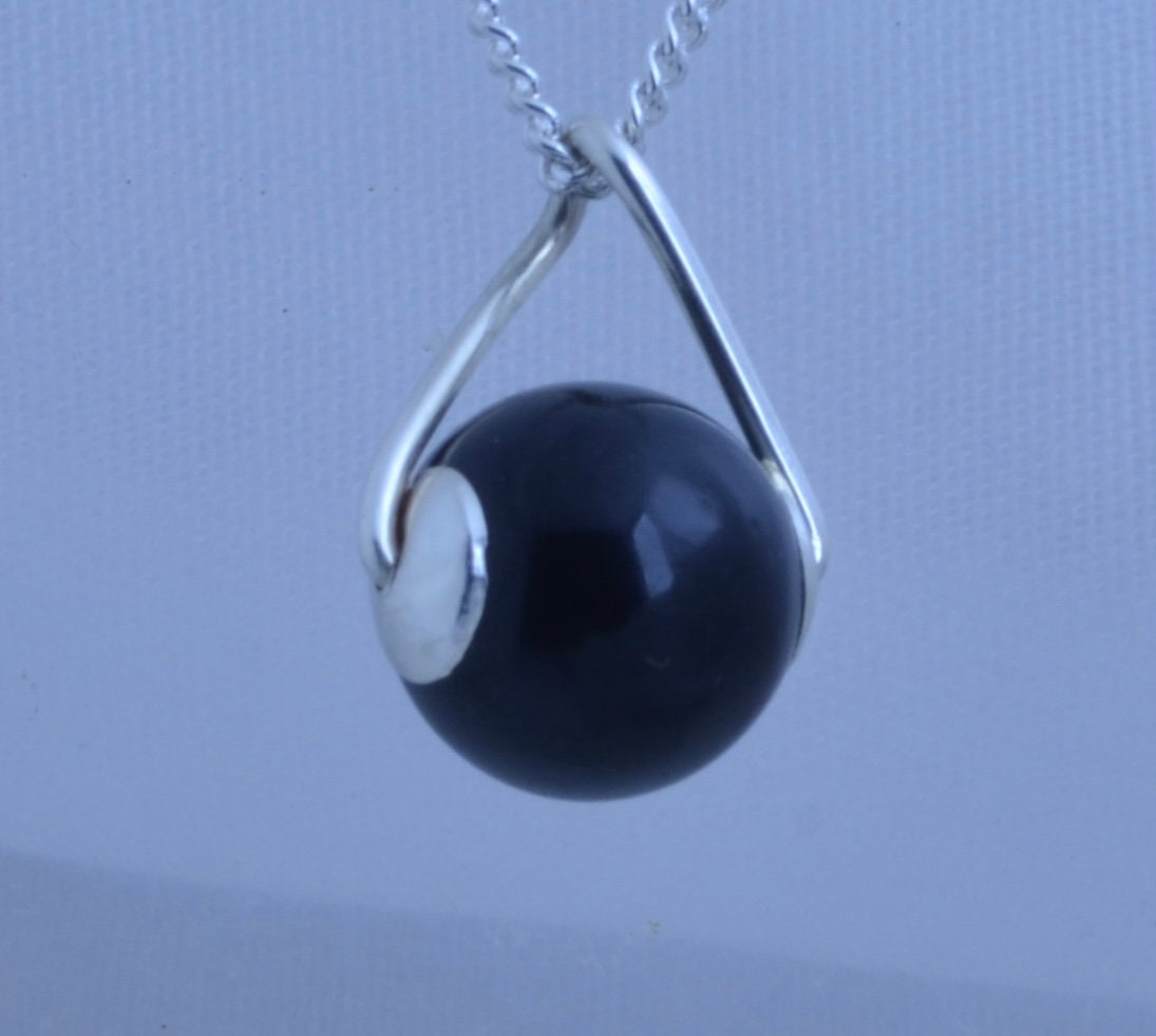 black onyx pendant, solid sterling silver necklace, round shape natural gemstone, 18” chain