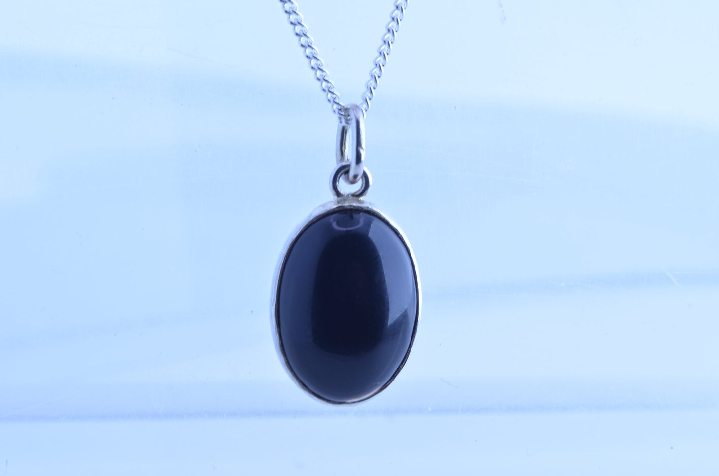 Silver black onyx necklace, oval shape natural gemstone pendant, 18” chain
