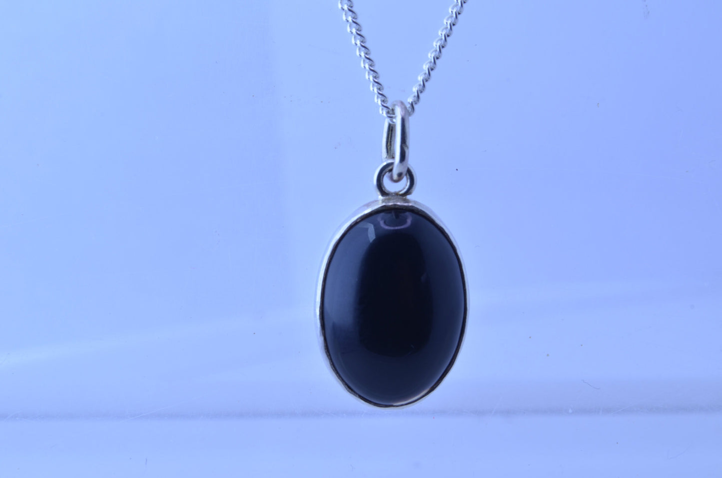 Silver black onyx necklace, oval shape natural gemstone pendant, 18” chain