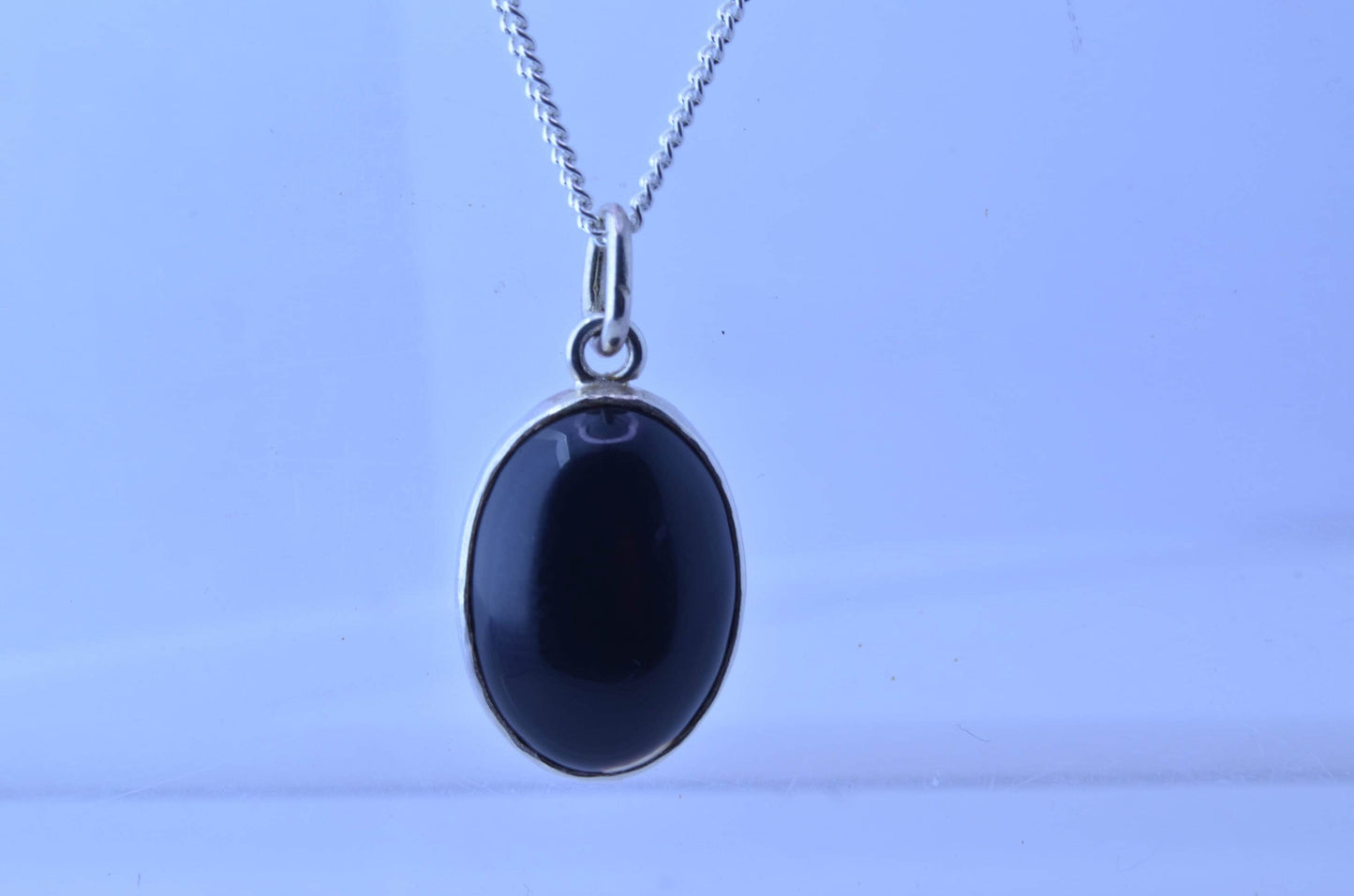 Silver black onyx necklace, oval shape natural gemstone pendant, 18” chain