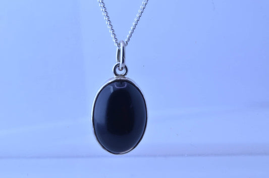 Silver black onyx necklace, oval shape natural gemstone pendant, 18” chain