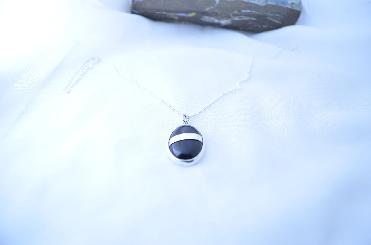 black onyx pendant, silver necklace, oval shape natural gemstone, 18” chain