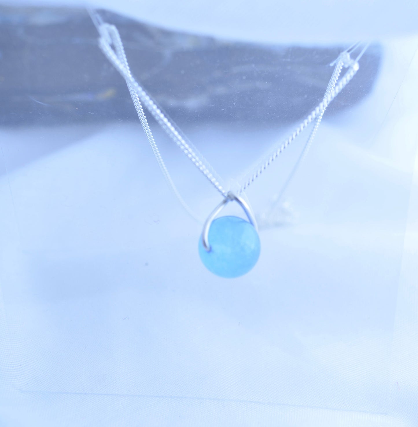 Silver blue jade necklace, round stone pendant, natural materials, 18” chain