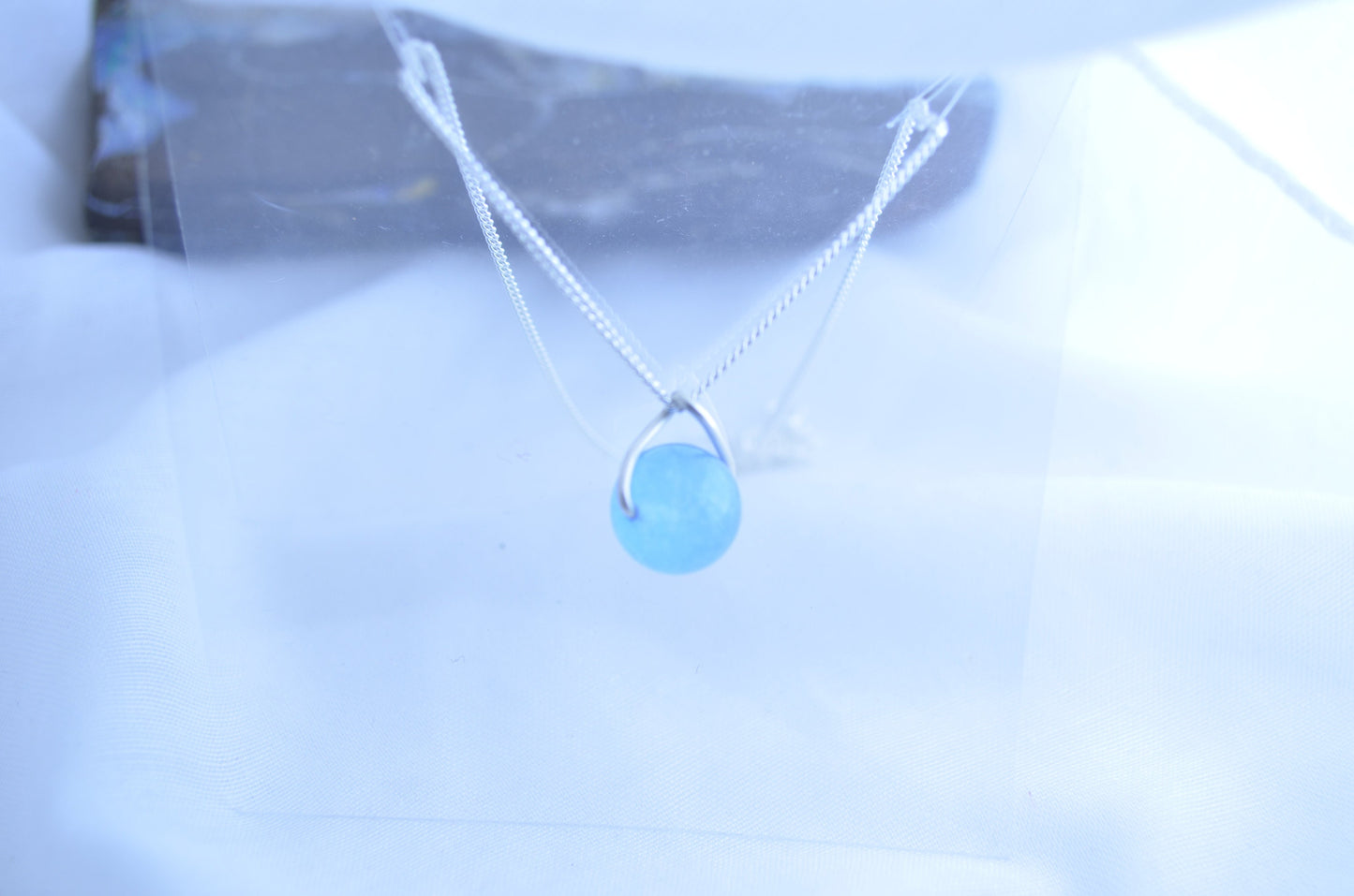 Silver blue jade necklace, round stone pendant, natural materials, 18” chain